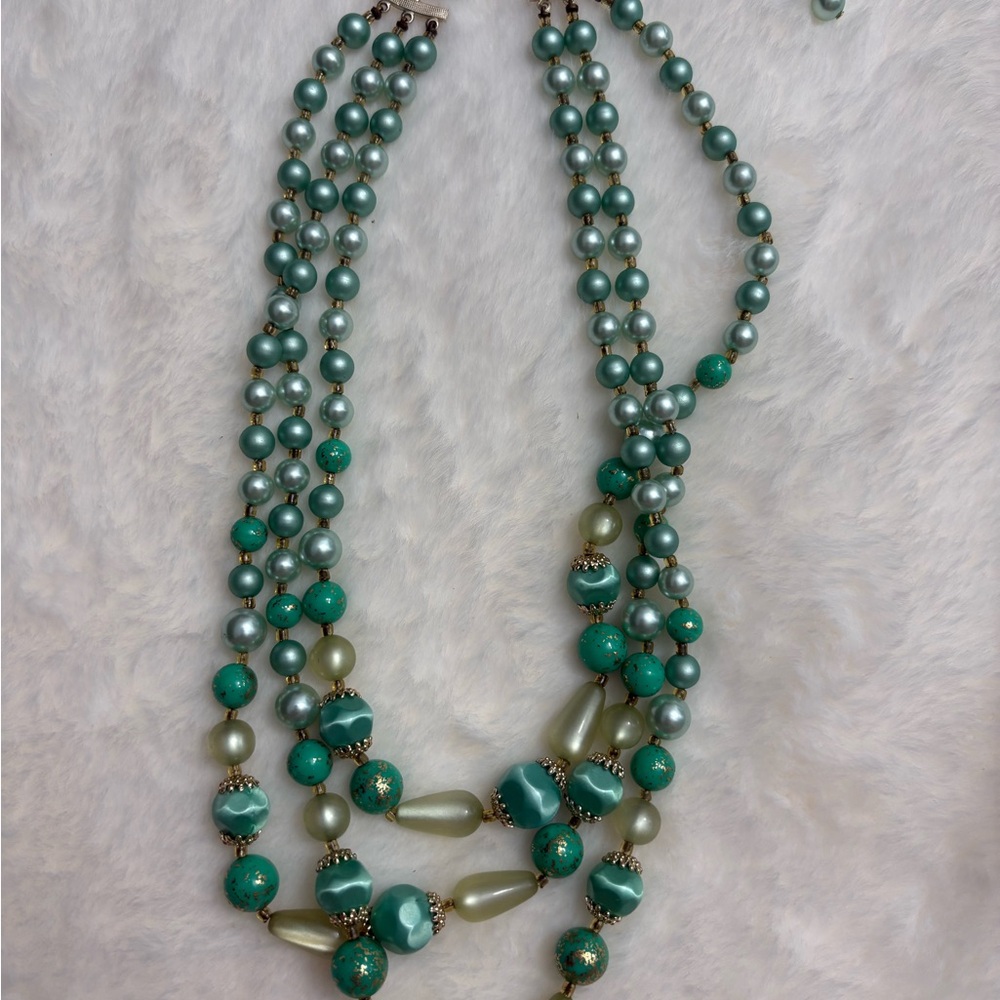 Vintage Layered Teal Bead Necklace - stamped Japan